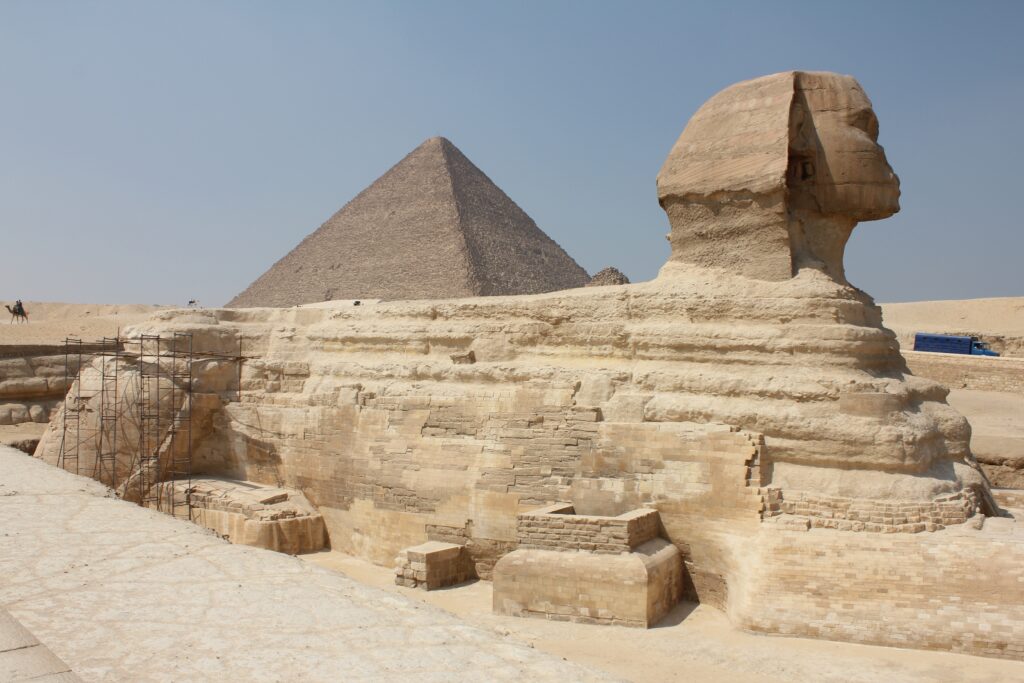 shot historic sphinx middle typical egyptian scenery clear sky